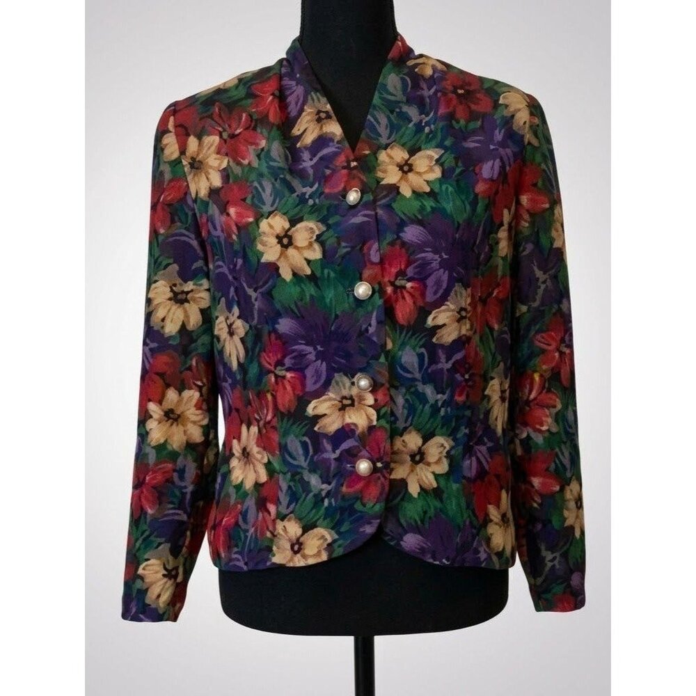 Vintage Leslie‎ Fay Floral Blouse - Petite 10 Purple Pearl Button 80s Jacket Top